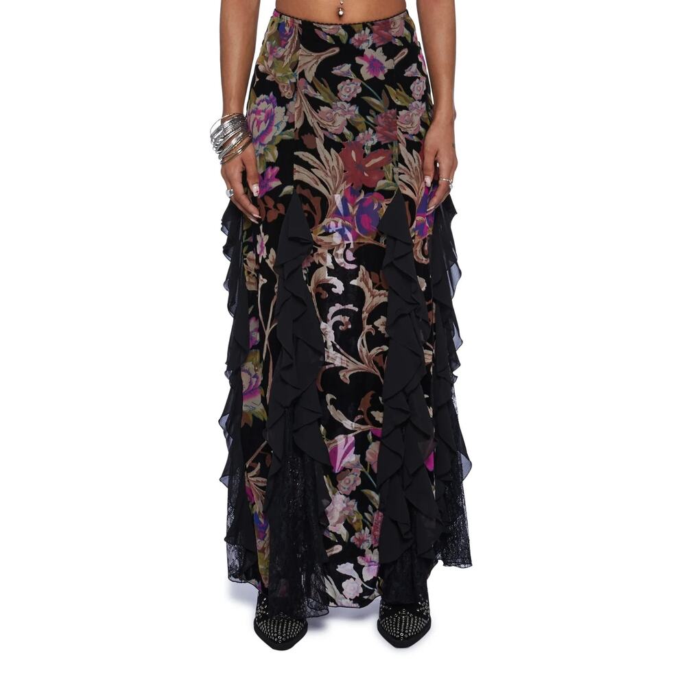 Current Mood Black Floral Maxi Skirt with Ruffles